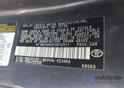 2007 Toyota Camry Se из США, поврежденный, VIN 4T1BE46K97U632911